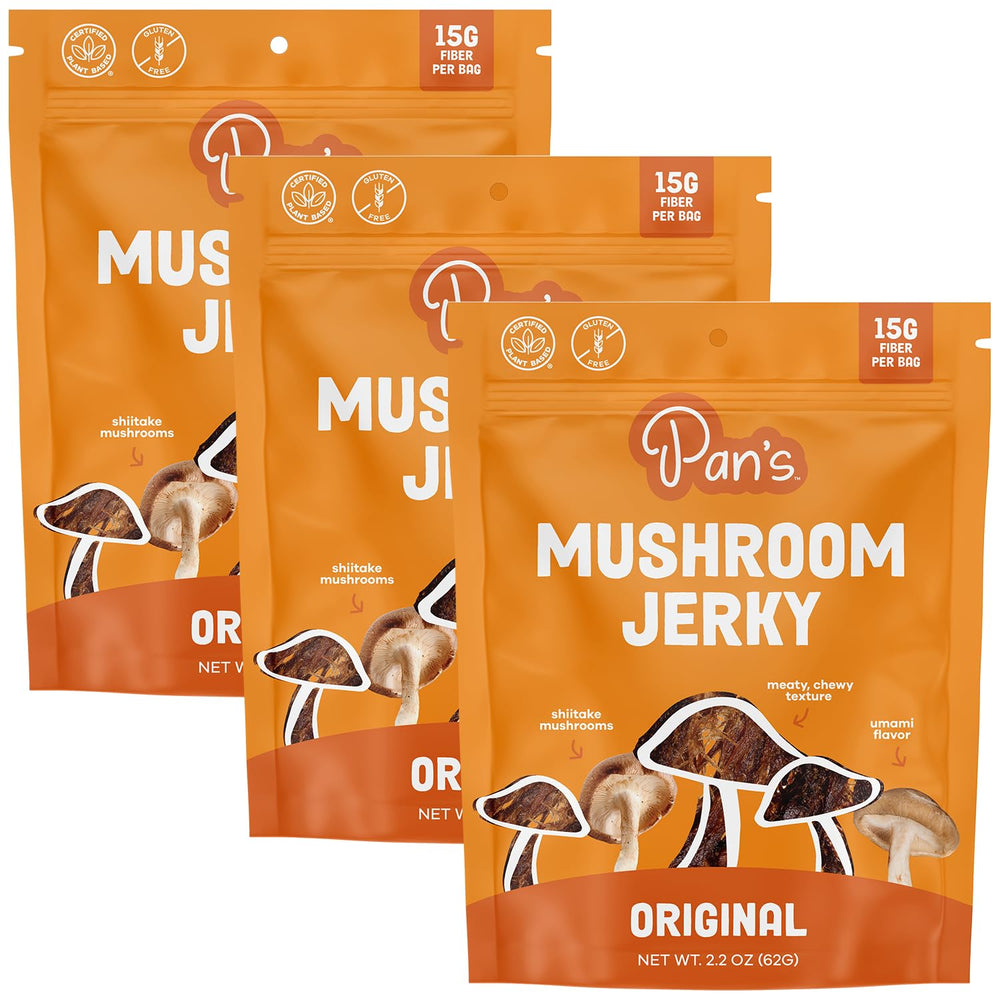 Pan's Mushroom Jerky original flavor 3-pack, convenient plant-based snack for on-the-go.