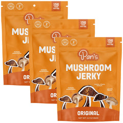 Pan's Mushroom Jerky original flavor 3-pack, convenient plant-based snack for on-the-go.
