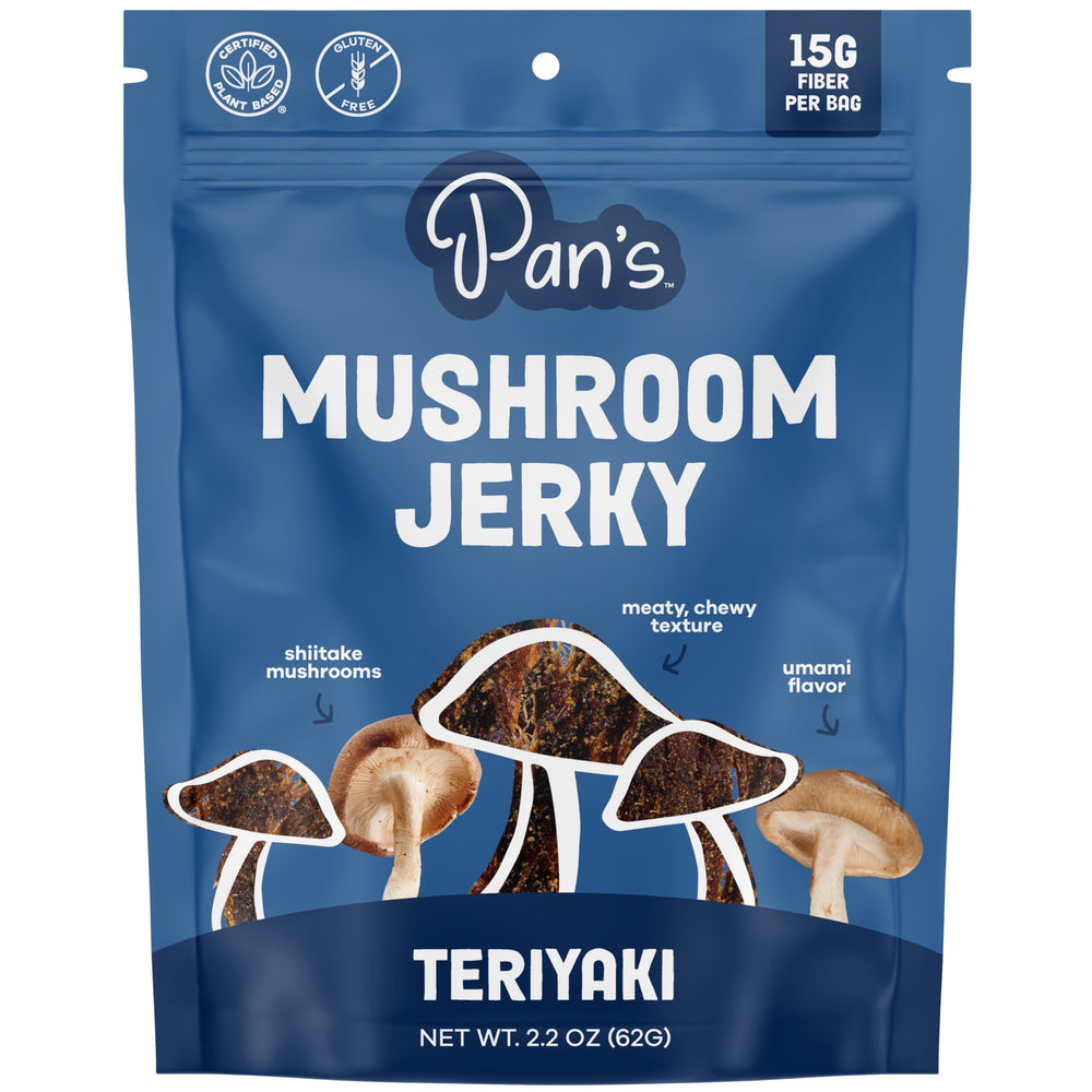 Pan's Mushroom Jerky teriyaki pack shown as a convenient plant-based snack for busy days