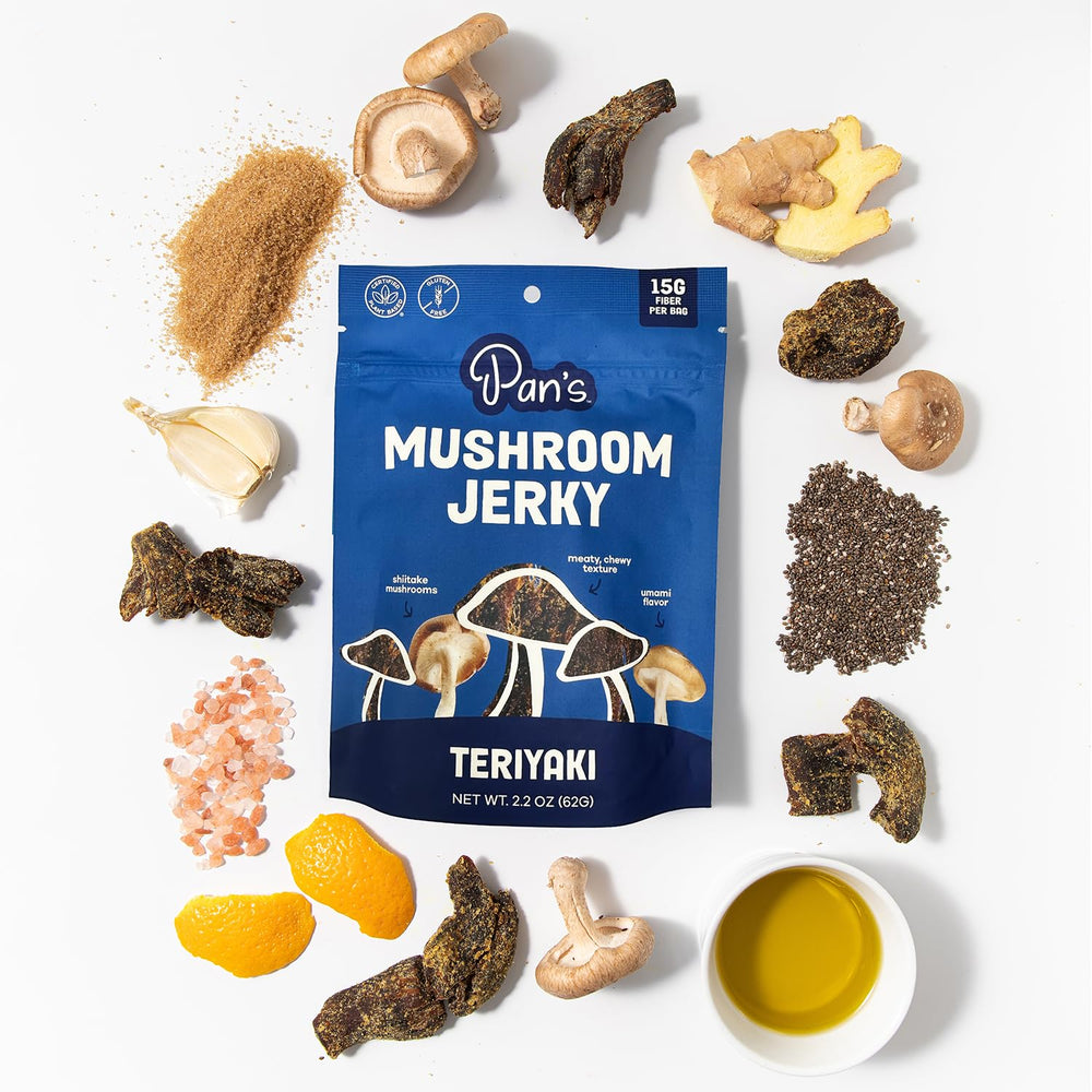 Pan's Mushroom Jerky texture close-up highlights chewy, meaty bite