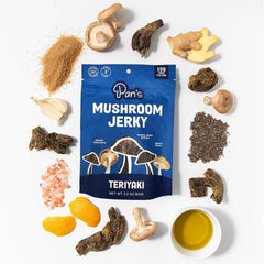 Pan's Mushroom Jerky texture close-up highlights chewy, meaty bite