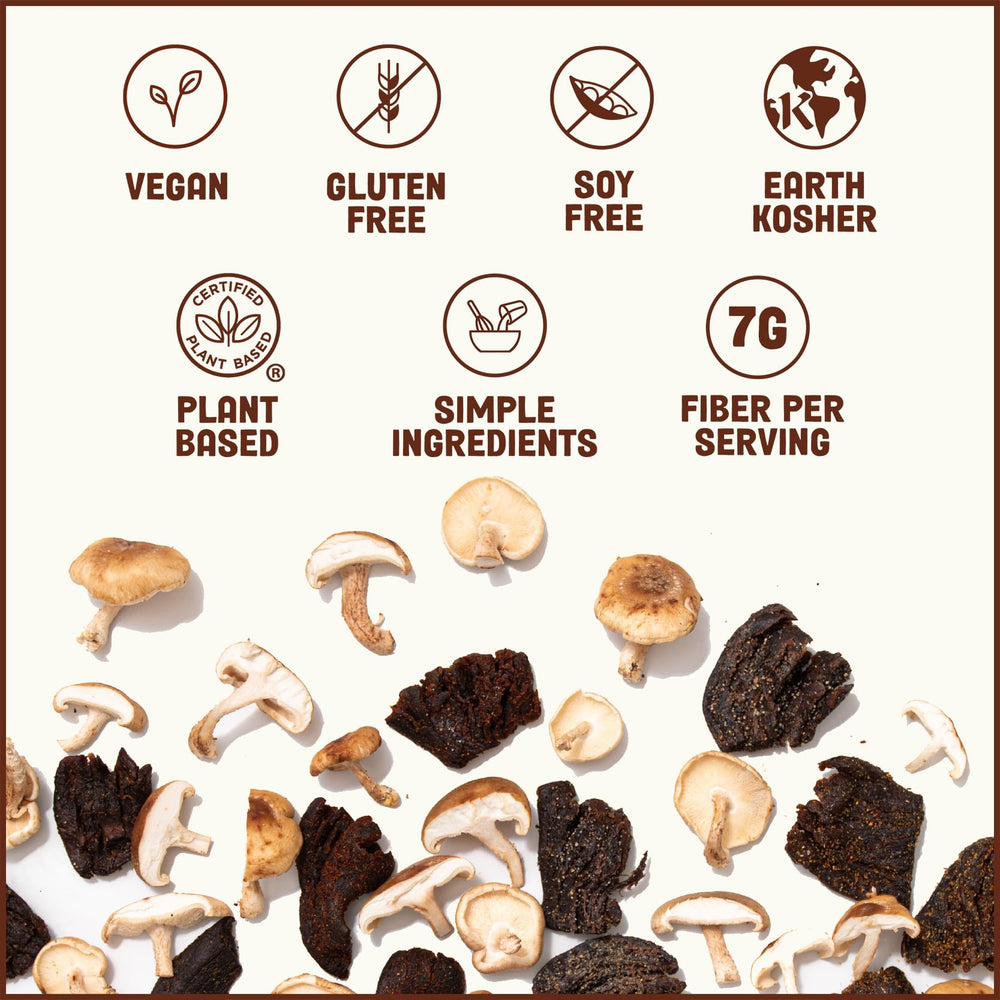 Pan's Mushroom Jerky vegan snack on the go powered by shiitake flavor
