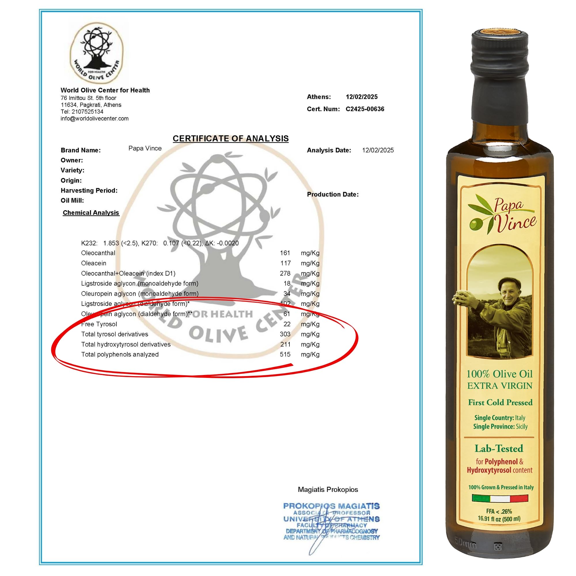Papa Vince olive oil bottle on wood—early harvest flavor