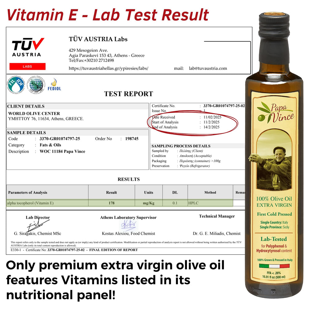 Papa Vince olive oil label closeup—polyphenol rich family harvest
