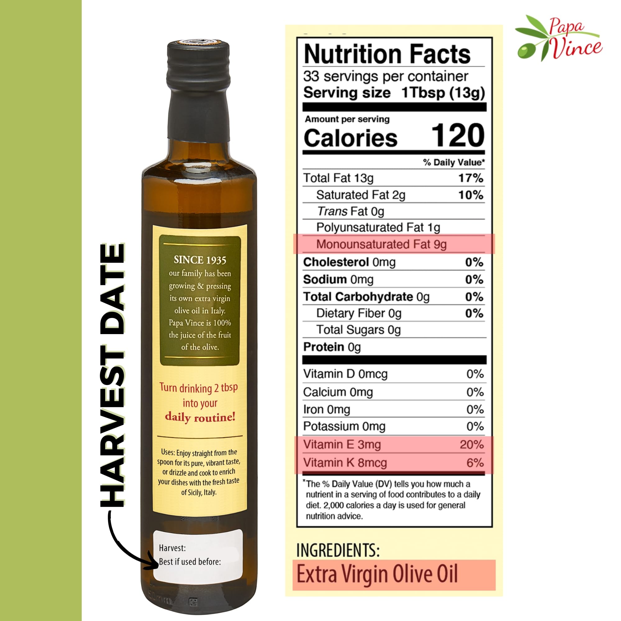 Papa Vince olive oil pour—silky drizzle perfect for salads and finishes