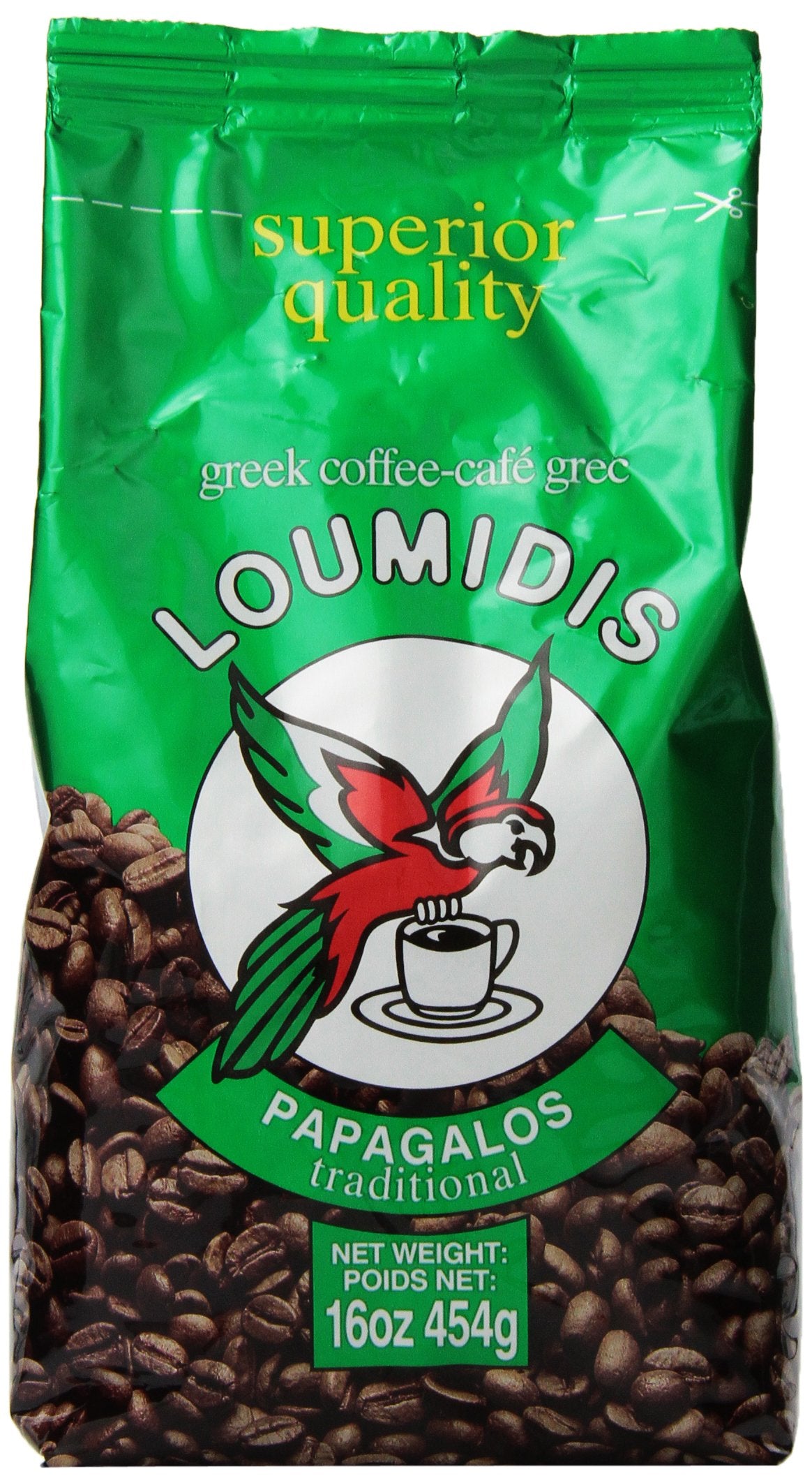 Papagalos Loumidis ground coffee bag close-up for authentic Greek mornings.