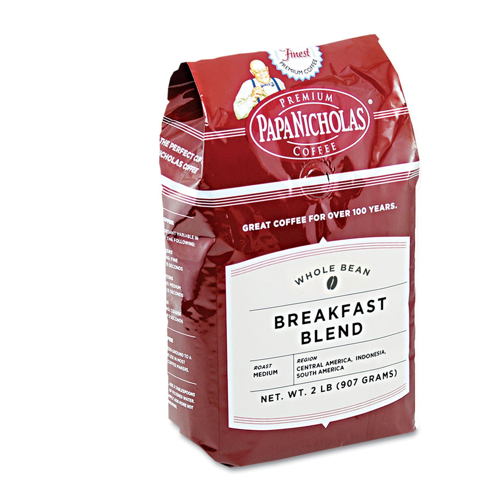 Papanicholas Coffee Breakfast Blend bag: aromatic whole beans for a bold, balanced morning brew.