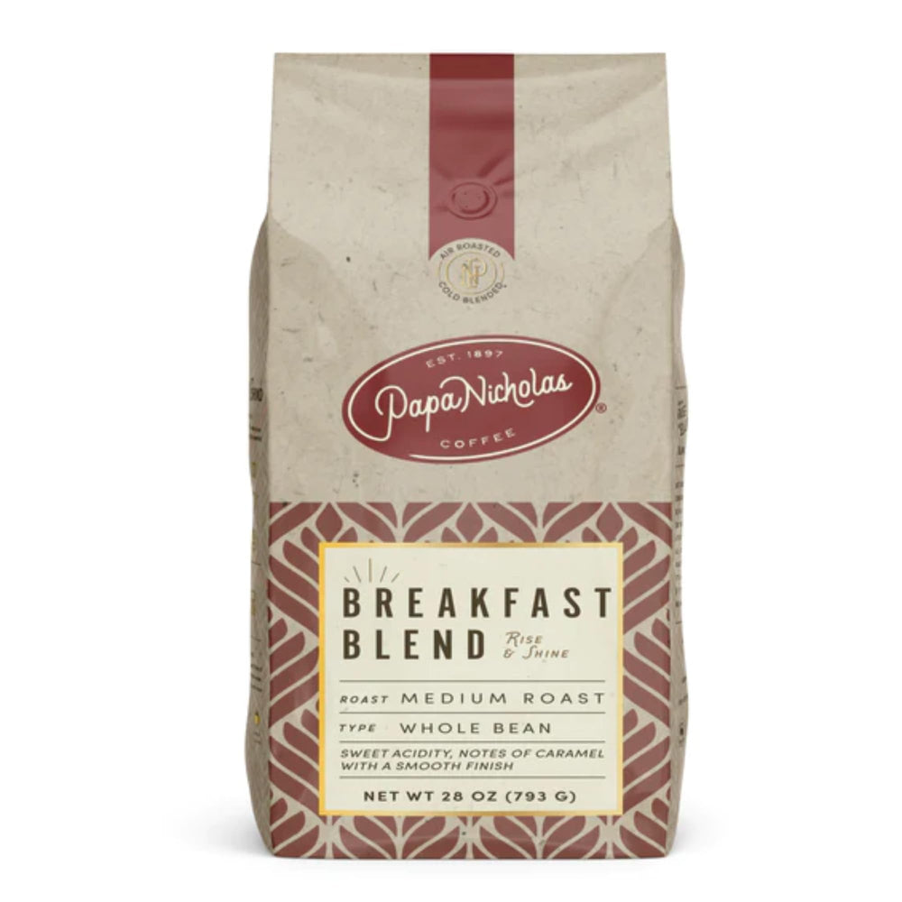 Papanicholas Breakfast Blend beans: ready-to-grind for fresh coffee at home or in the office.