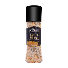 Papa Palermo Garlic Sea Salt Seasoning with Grinder bottle ready to season meals.