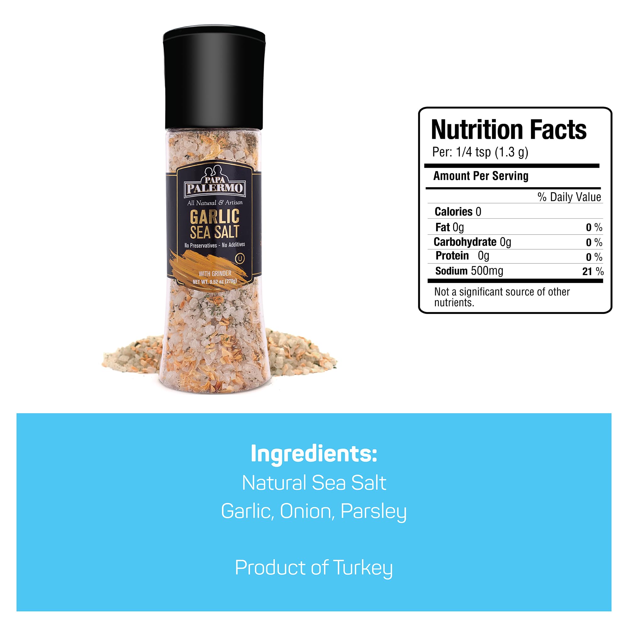 Papa Palermo garlic sea salt granules close-up for rich seasoning.