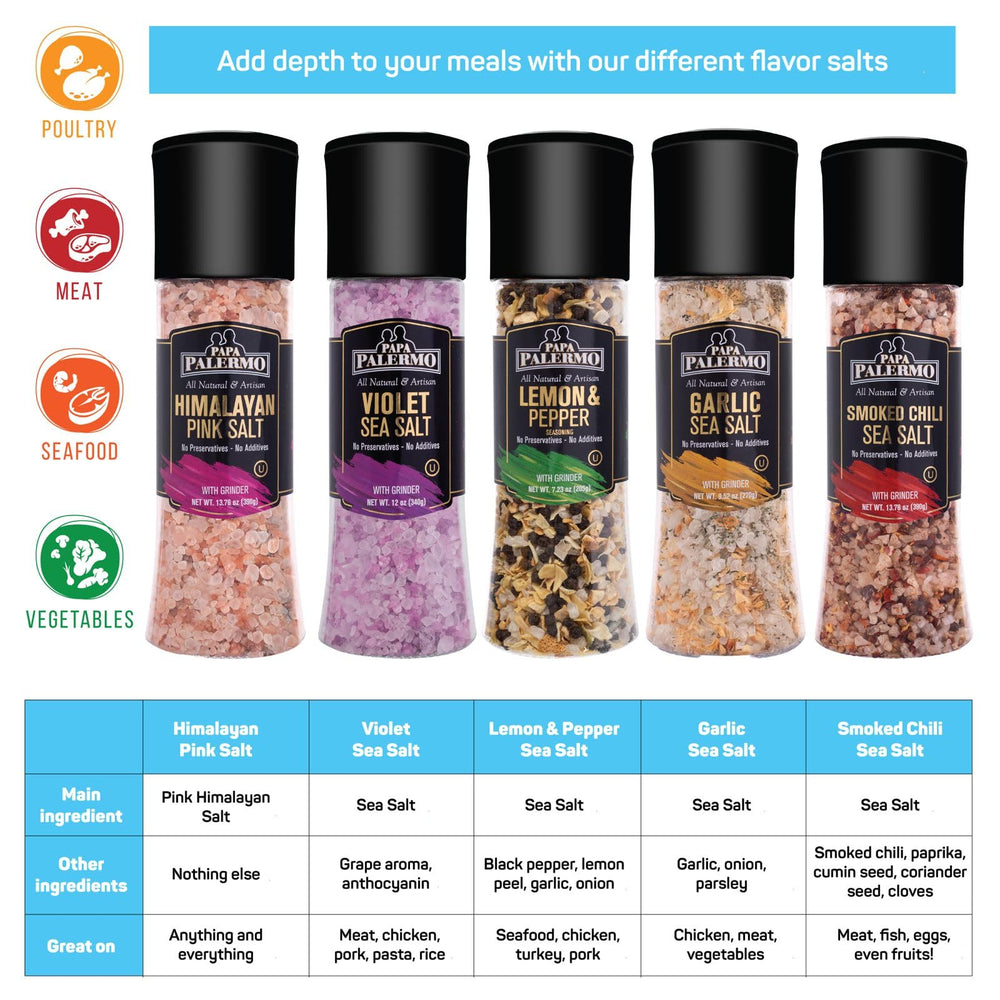 Gourmet kitchen display featuring Papa Palermo garlic sea salt.