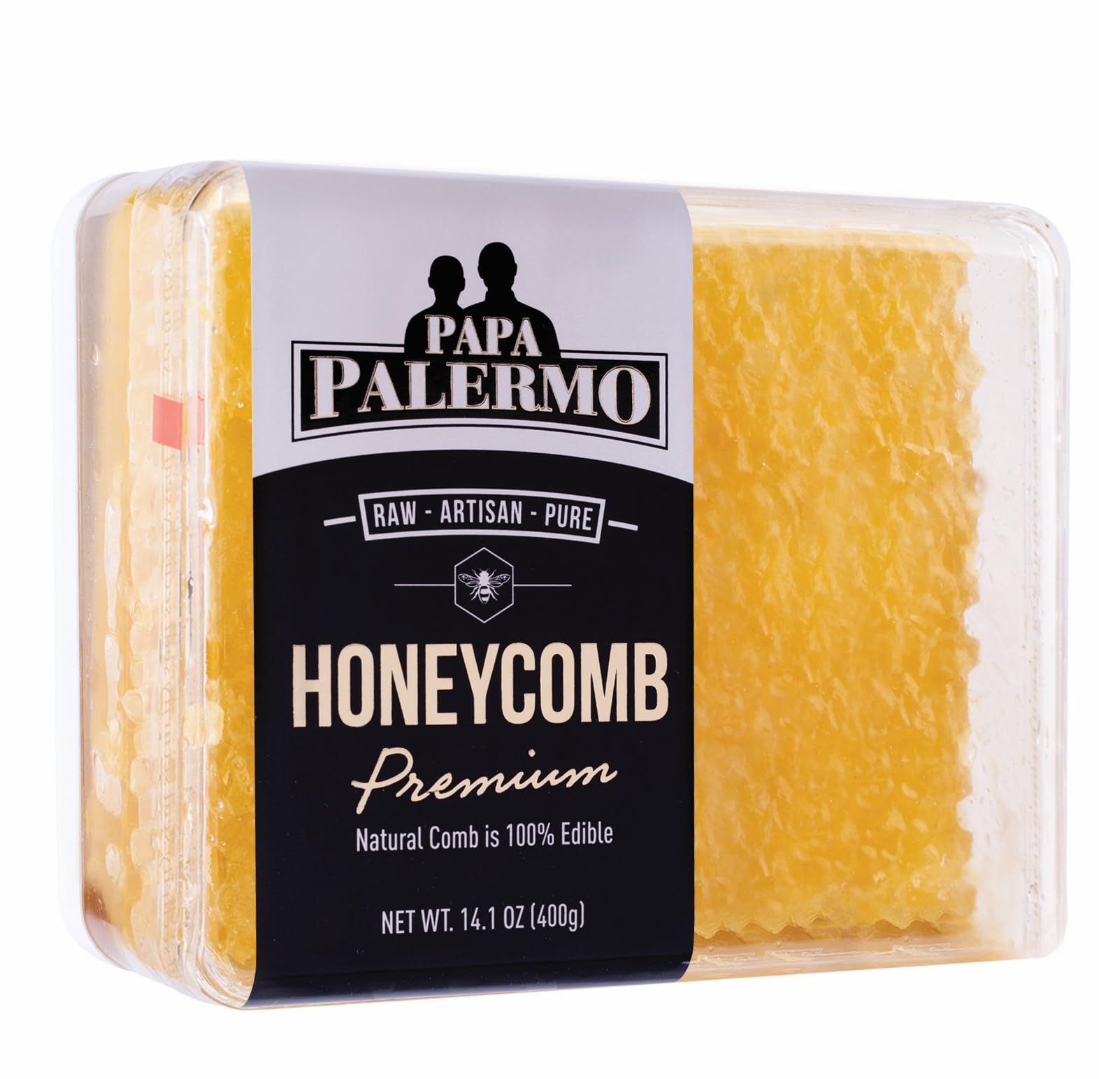 Papa Palermo honeycomb packaging on a wooden board for tasting and gifting.