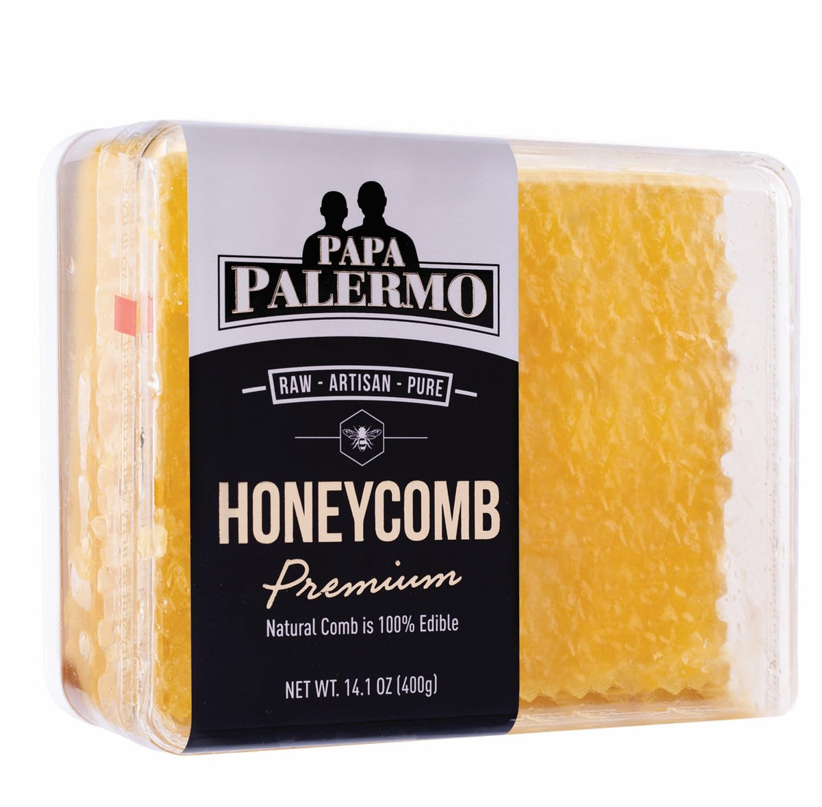 Papa Palermo honeycomb packaging on a wooden board for tasting and gifting.