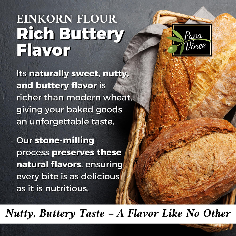 Papa Vince Einkorn Flour bag shows unbleached and unbromated label.