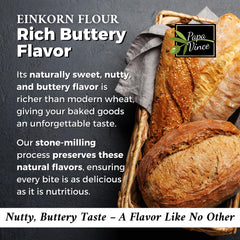 Papa Vince Einkorn Flour bag shows unbleached and unbromated label.