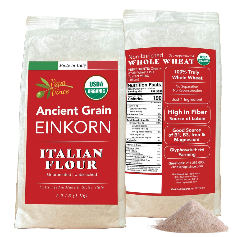 Papa Vince Organic Einkorn Flour packaging highlights authentic Italian stone-milled heritage.