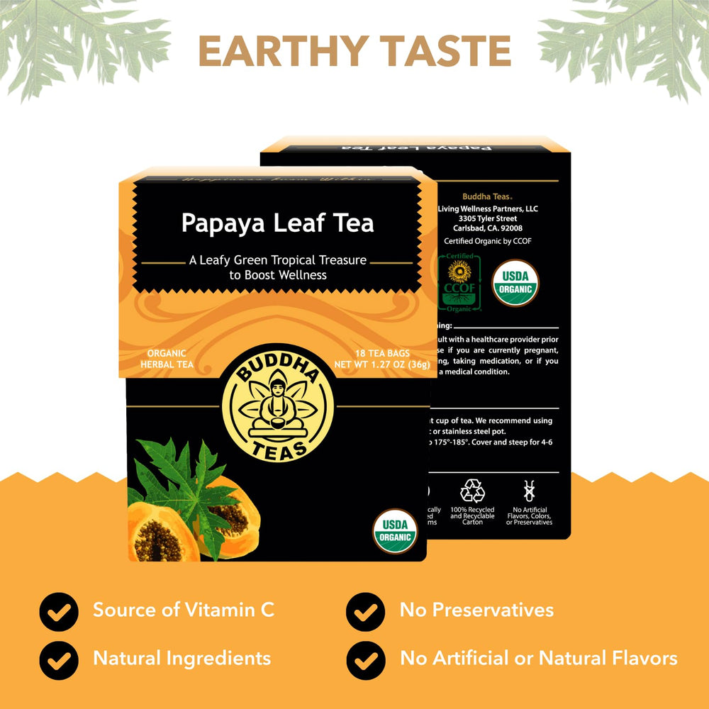 Papaya Leaf Tea cup steeping, Buddha Teas, ideal for mindful rituals.