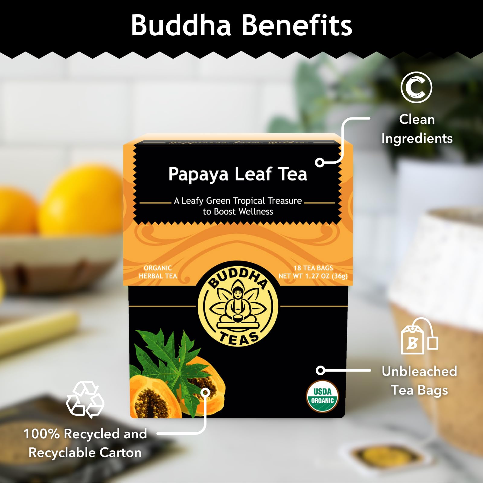 Papaya Leaf Tea on kitchen shelf, Buddha Teas, easy daily use.