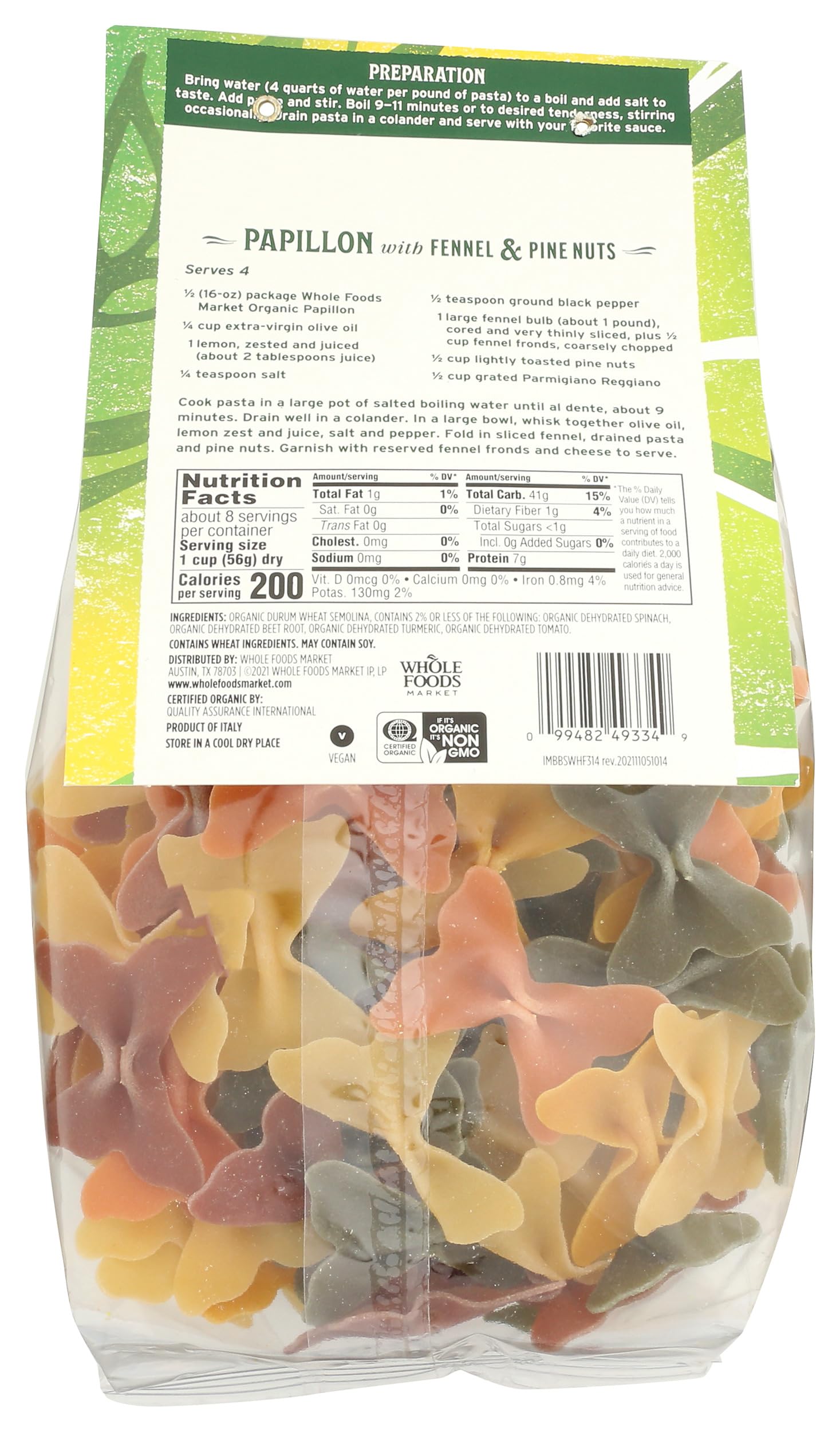 Papillon pasta from Puglia uses 100% durum wheat semolina for al dente results.