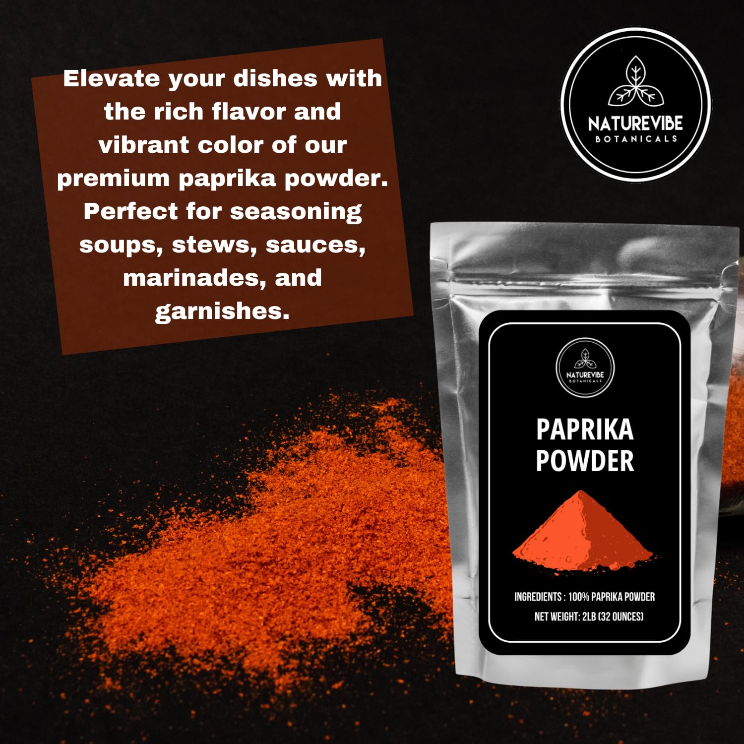 Dense paprika powder pile reveals bright red hue and depth.