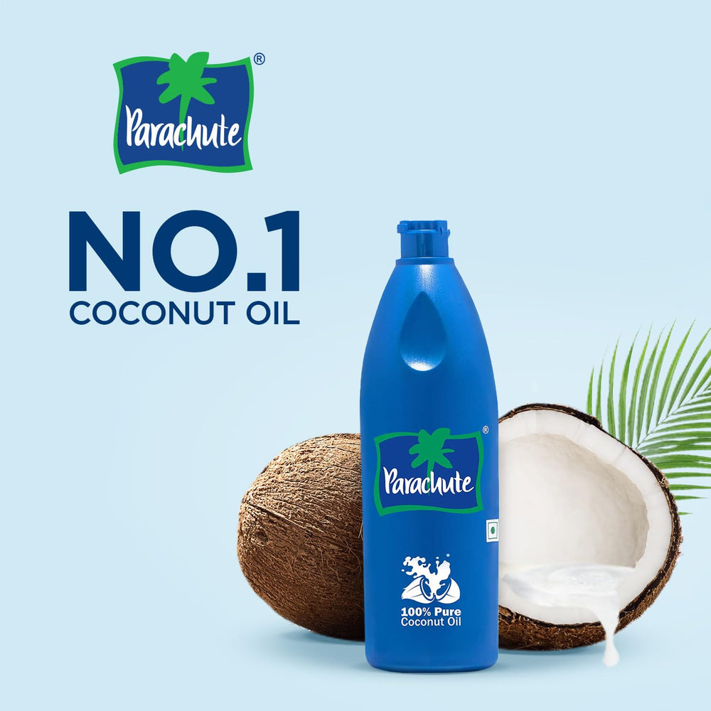 Parachute coconut oil from fresh coconuts highlights natural quality for cooking and skin care.