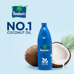 Parachute coconut oil from fresh coconuts highlights natural quality for cooking and skin care.