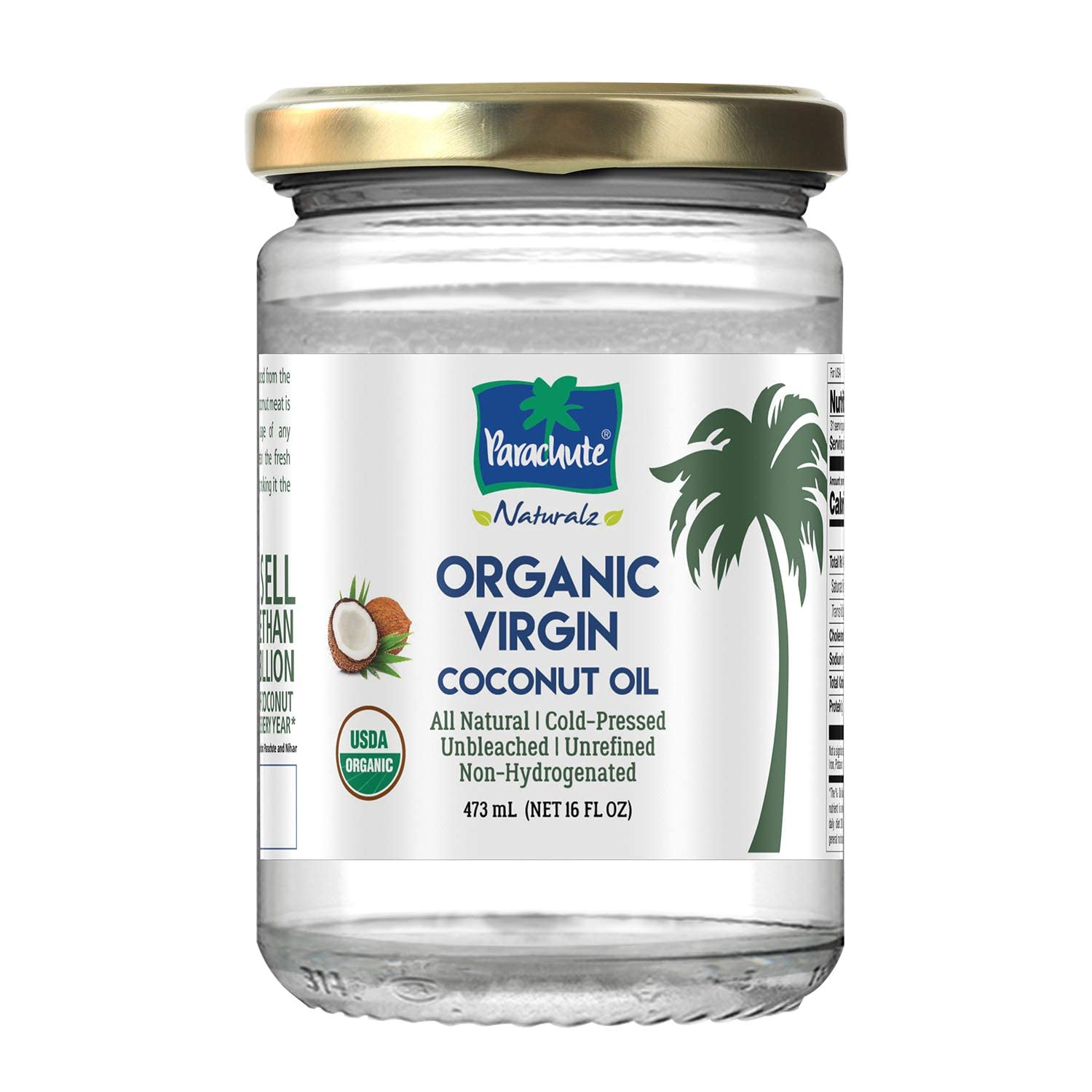 Parachute Naturalz virgin coconut oil in a glass jar—pure and aromatic.