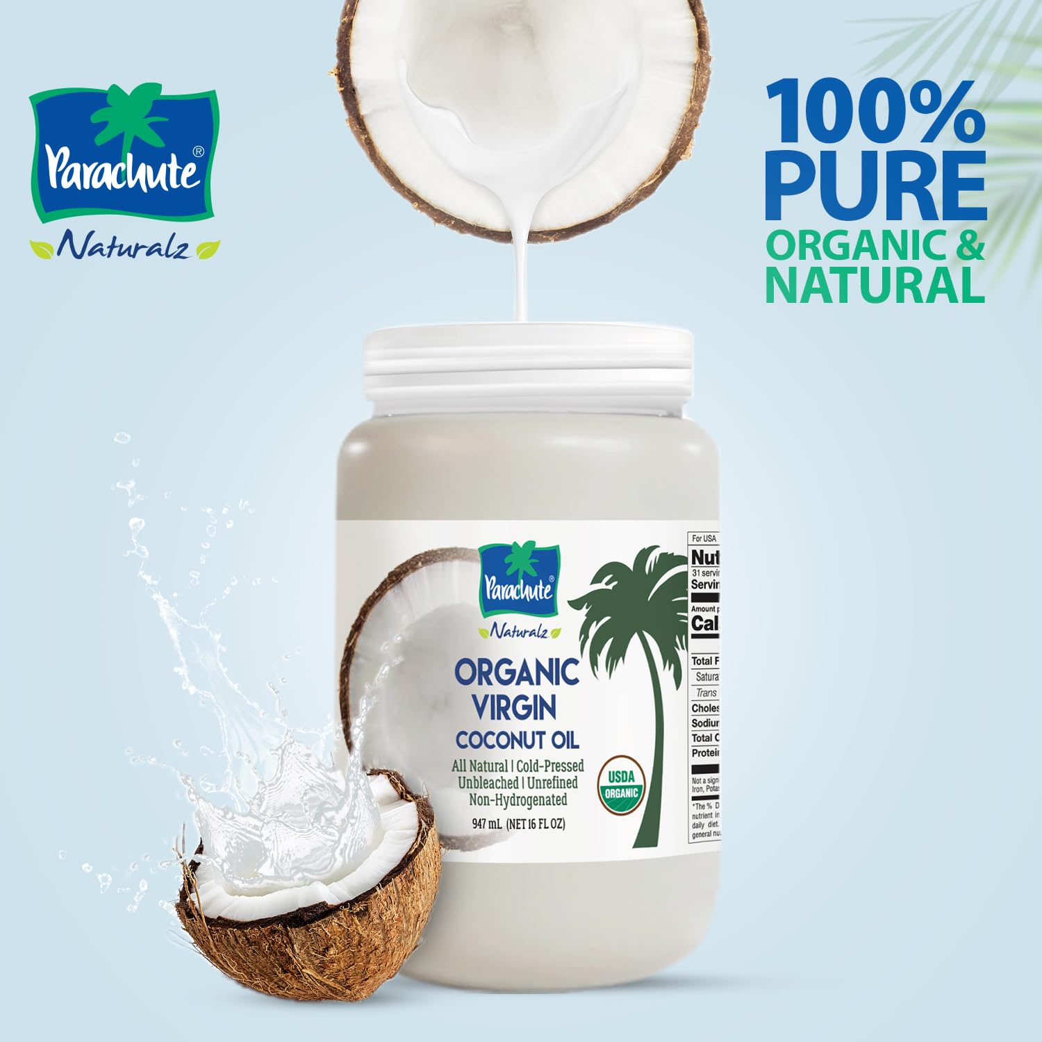 Parachute Naturalz Organic Virgin Coconut Oil glass jar preserves aroma and freshness.