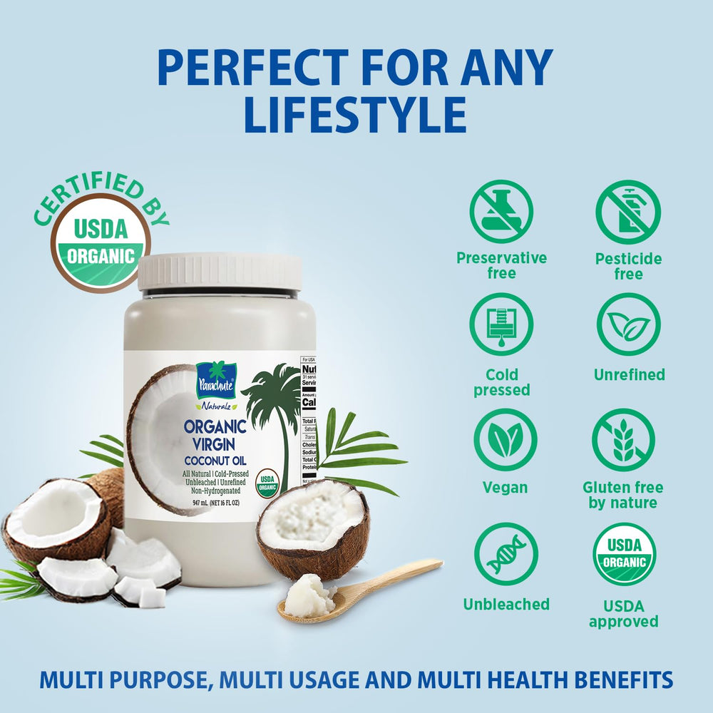 Parachute Naturalz Organic Virgin Coconut Oil used in hair care routine for moisture.