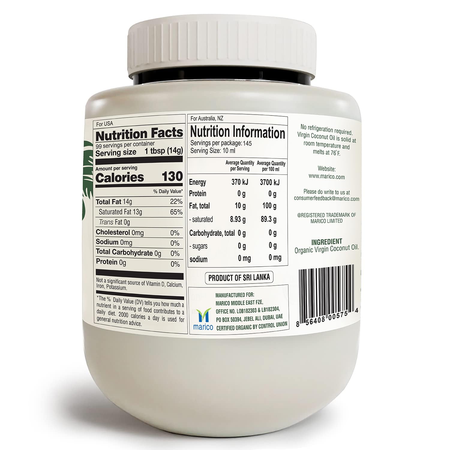 Parachute Naturalz Organic Virgin Coconut Oil label close-up highlights purity and organic certification.