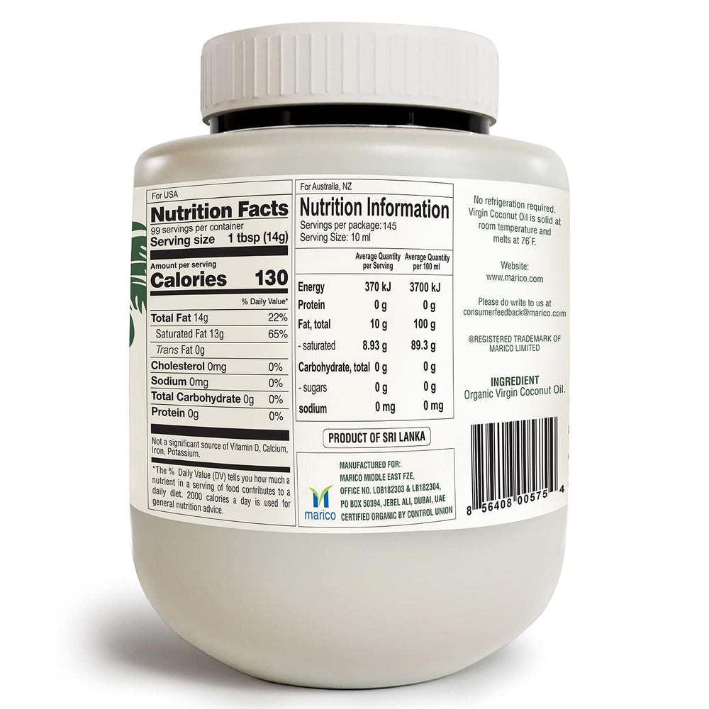 Parachute Naturalz Organic Virgin Coconut Oil label close-up highlights purity and organic certification.