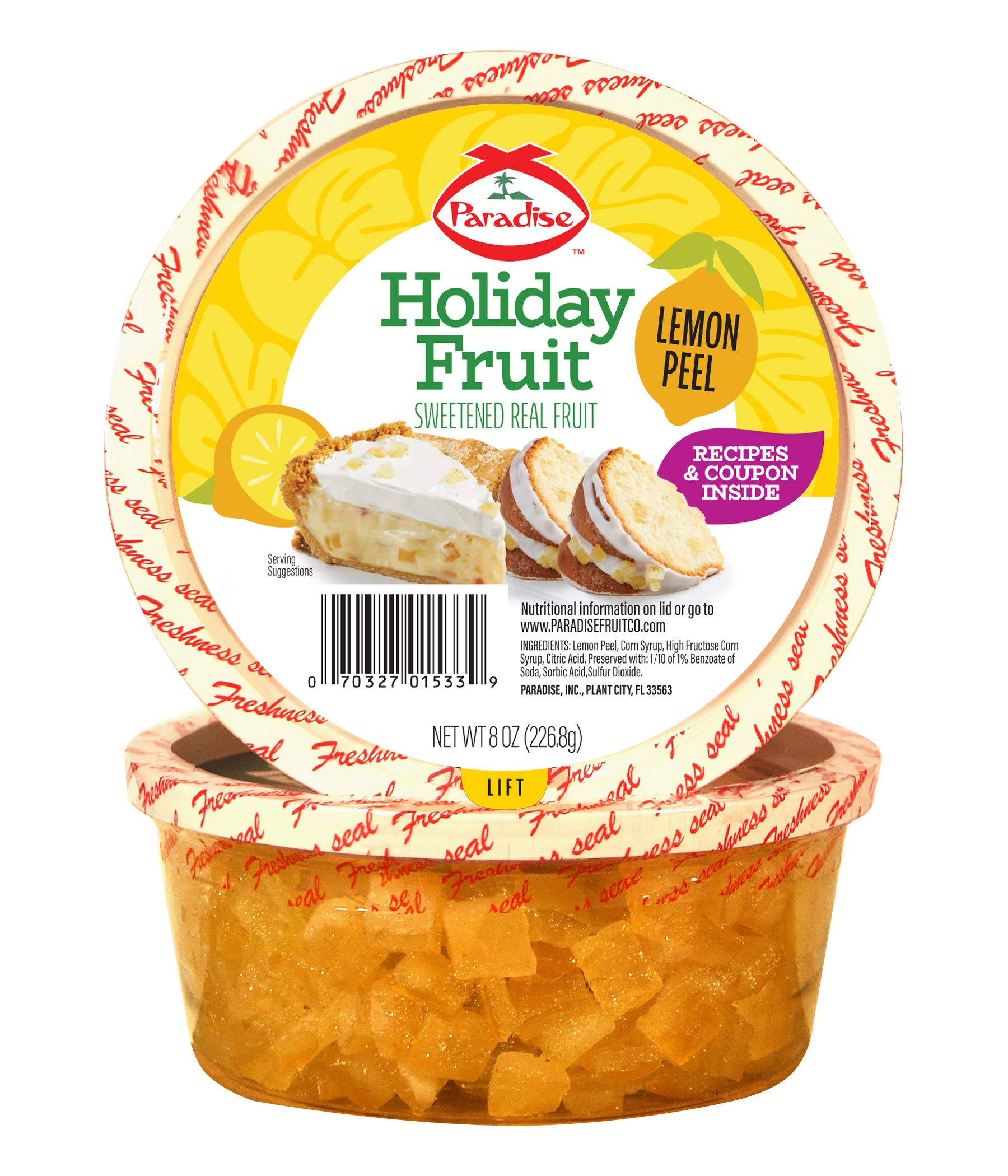 Paradise Diced Lemon Peel pack enhances lemon flavor for baking and desserts.
