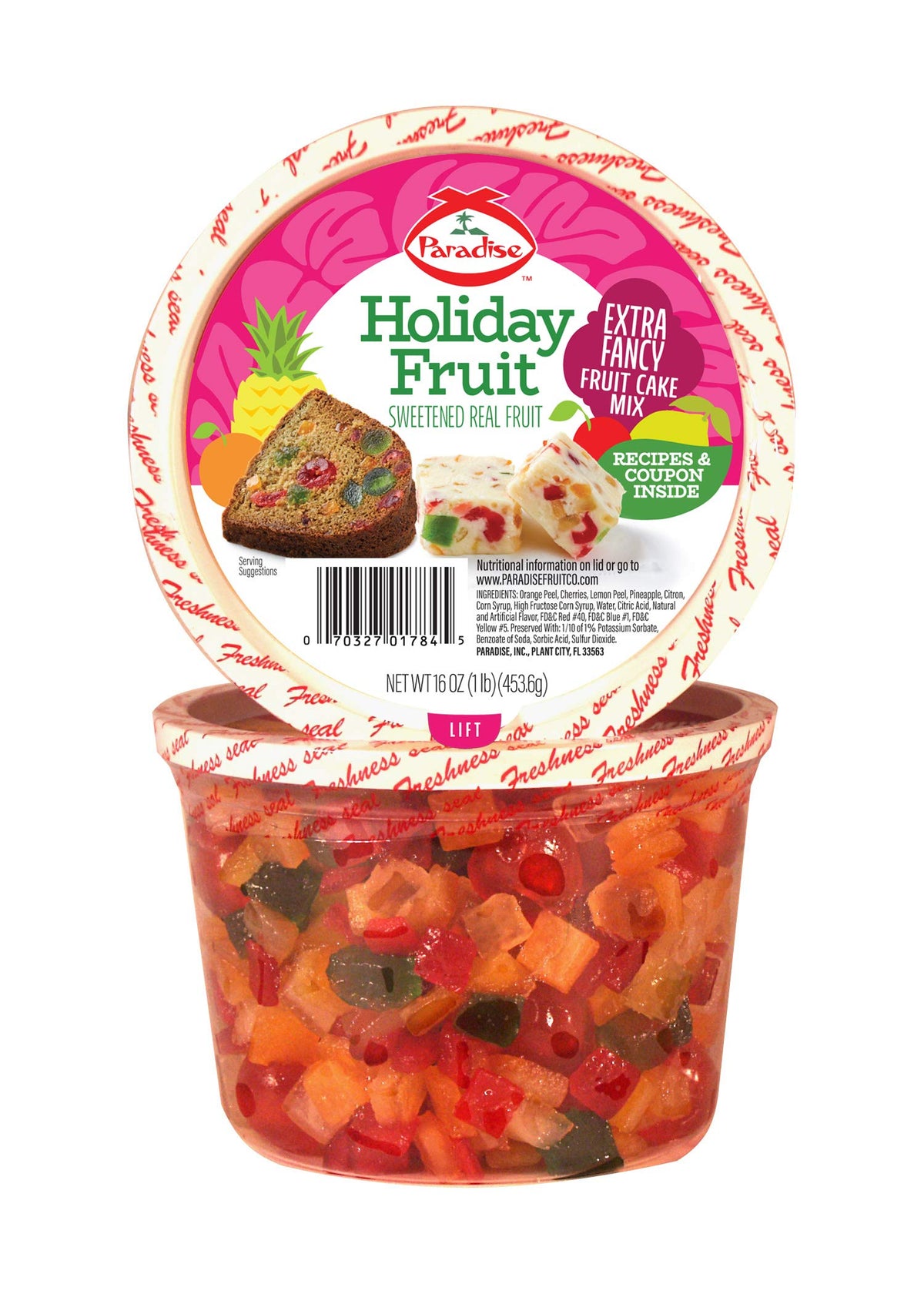 Paradise Fruit Extra Fancy Candied Mix in 16 oz bag, ideal for festive baking.