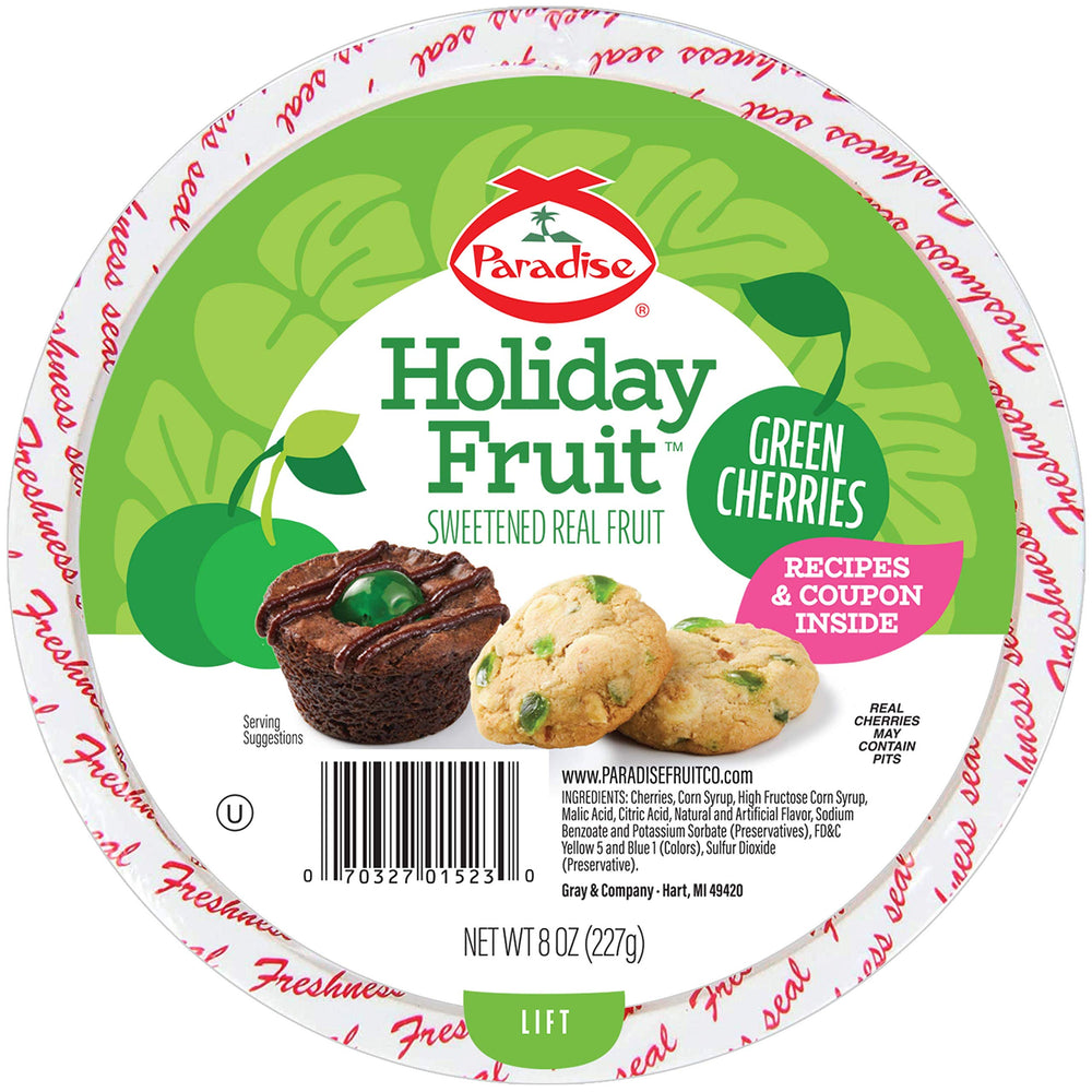 Paradise Green Cherries pack shot showing vibrant color for festive baking