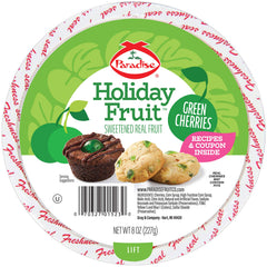 Paradise Green Cherries pack shot showing vibrant color for festive baking