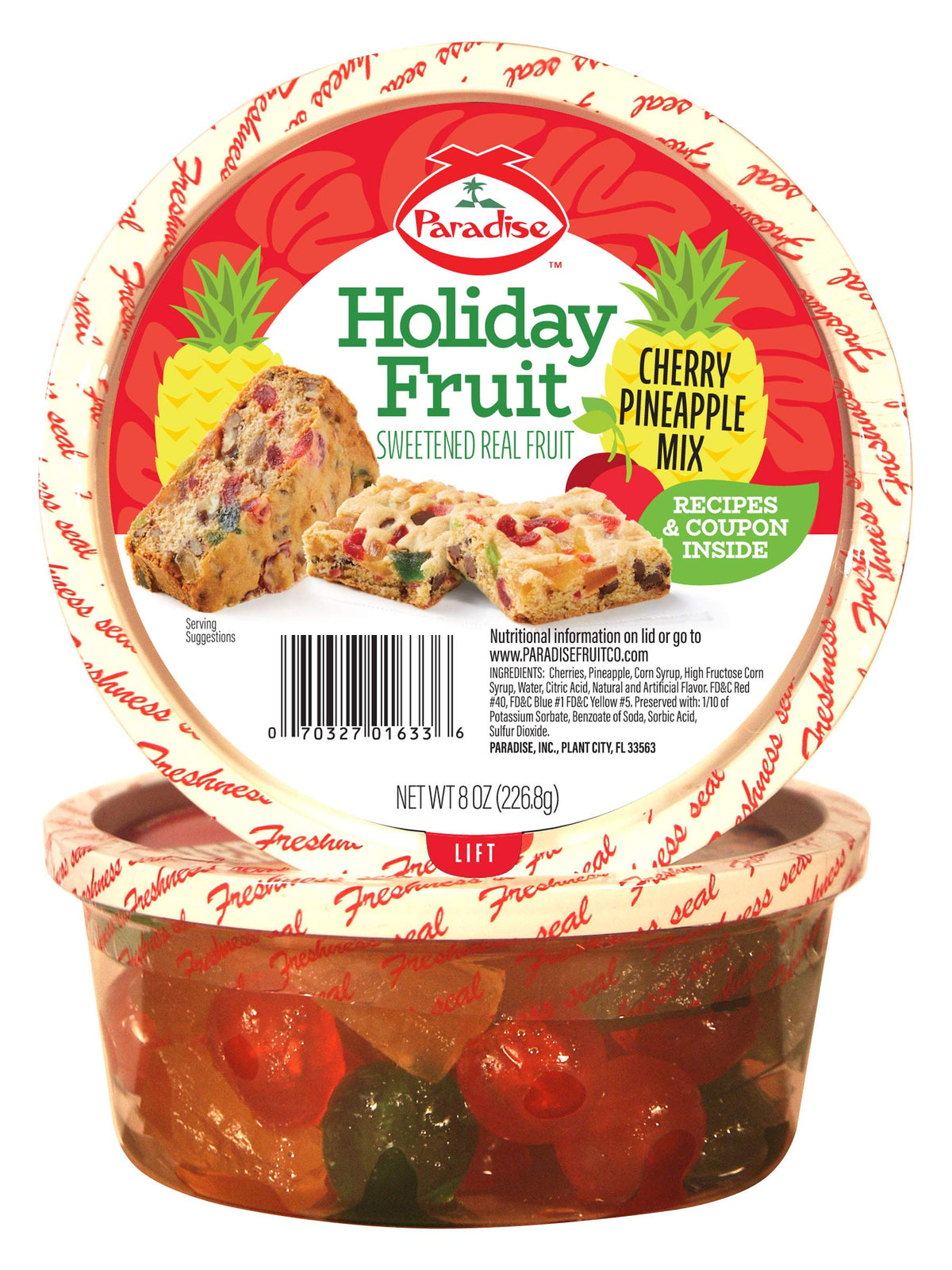 Paradise Mix cherry-pineapple in a colorful bowl, ideal for baking inspiration.