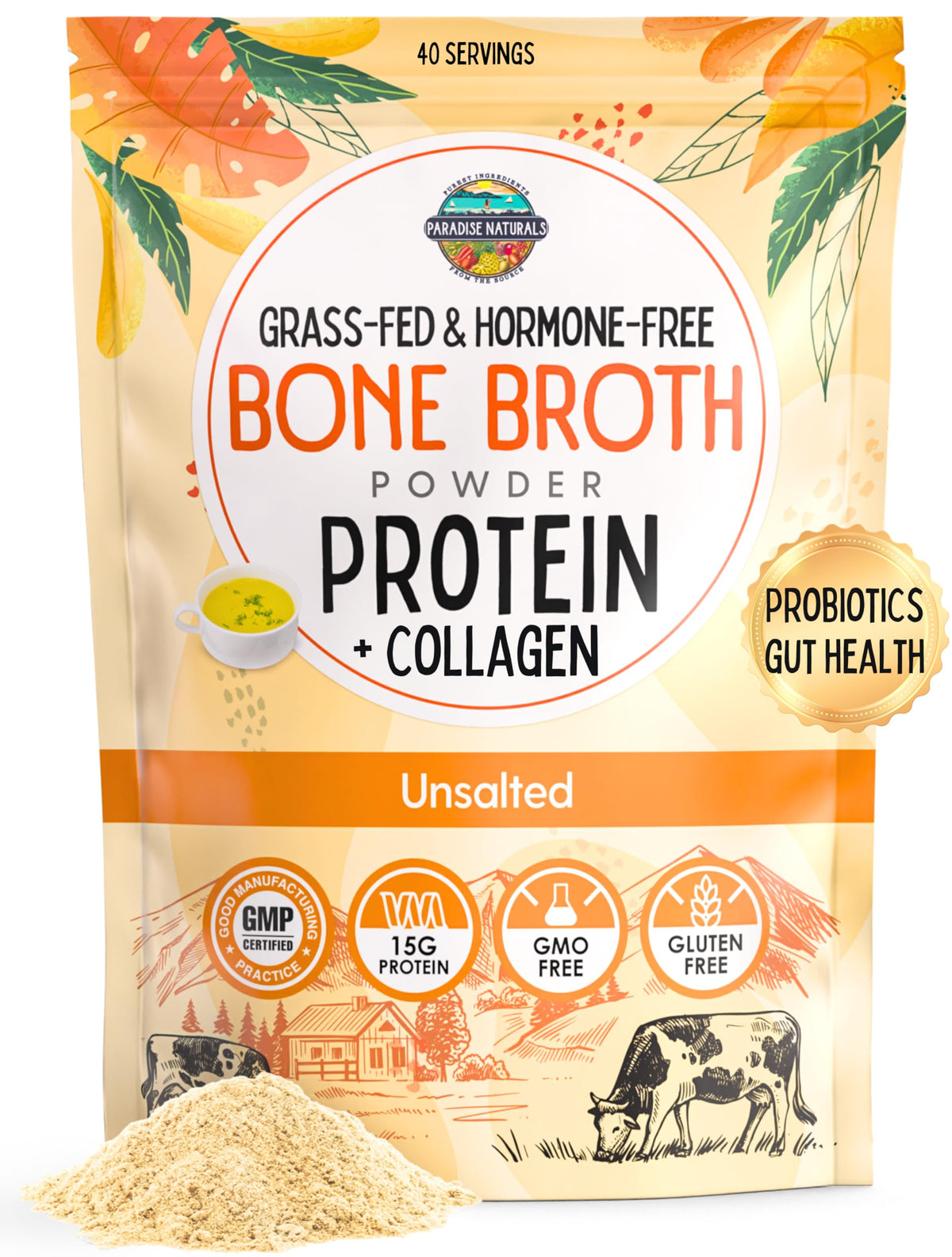 Paradise Naturals bone broth powder packaging highlights grass-fed sourcing.