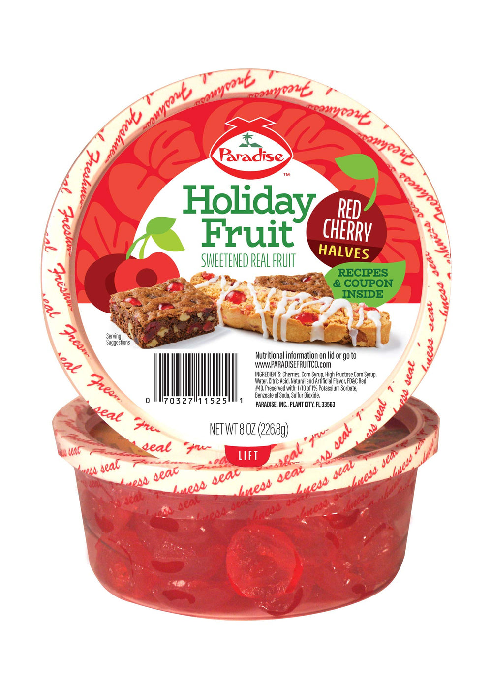 Paradise red candied cherries in glaze, perfect for holiday baking and topping