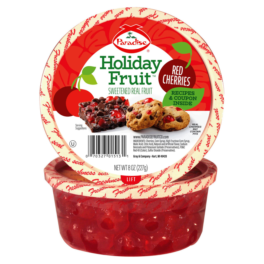 Paradise Red Cherries packaging shot highlights glossy candied fruit for baking and gifting.