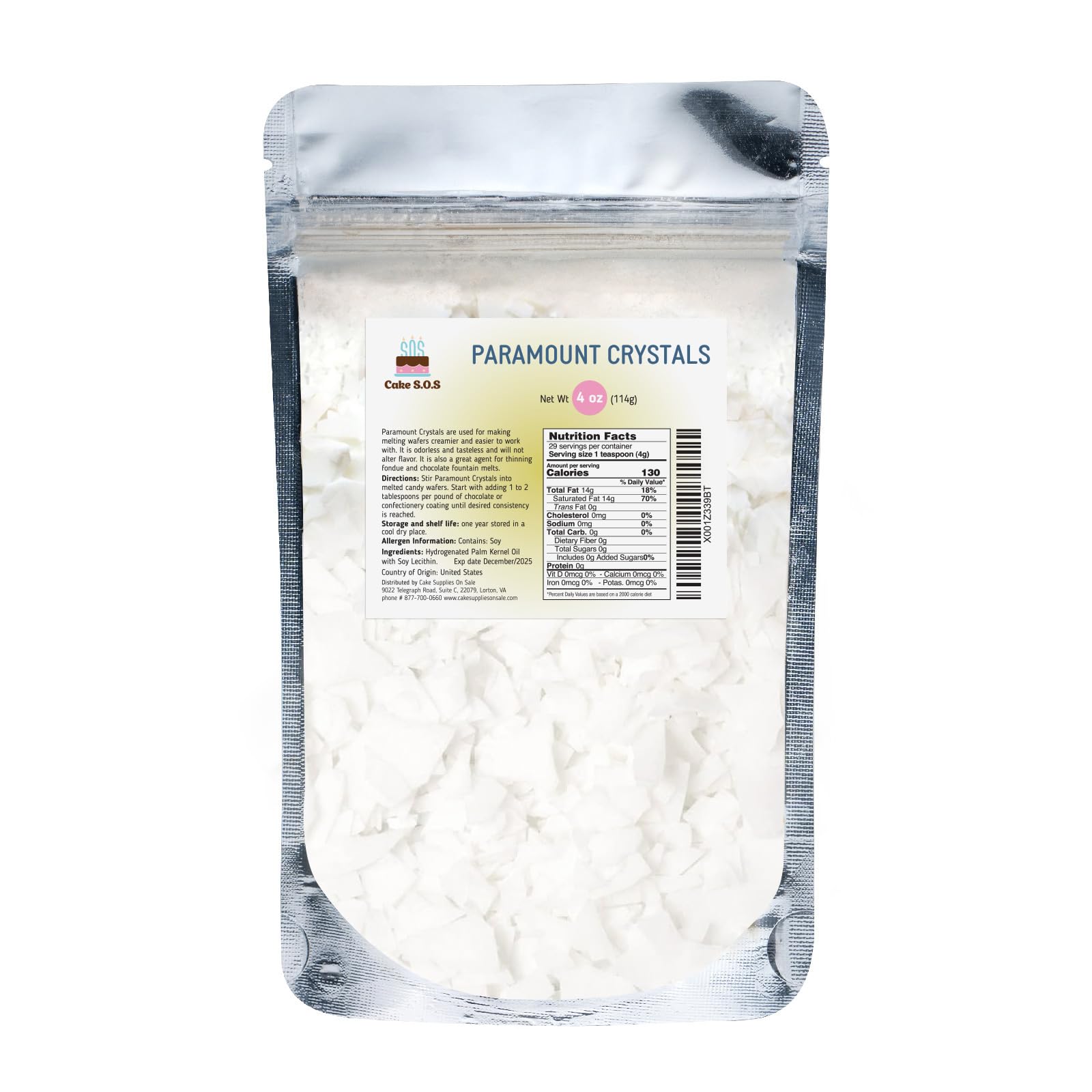 Cake S.O.S Paramount Crystals ingredients highlight gluten free, kosher, and sugar free options for special diets.
