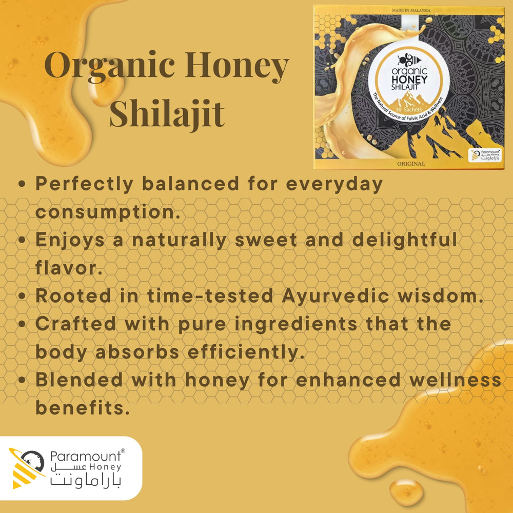 Paramount Honey Shilajit on a tray with herbs suggests versatile beverage use.