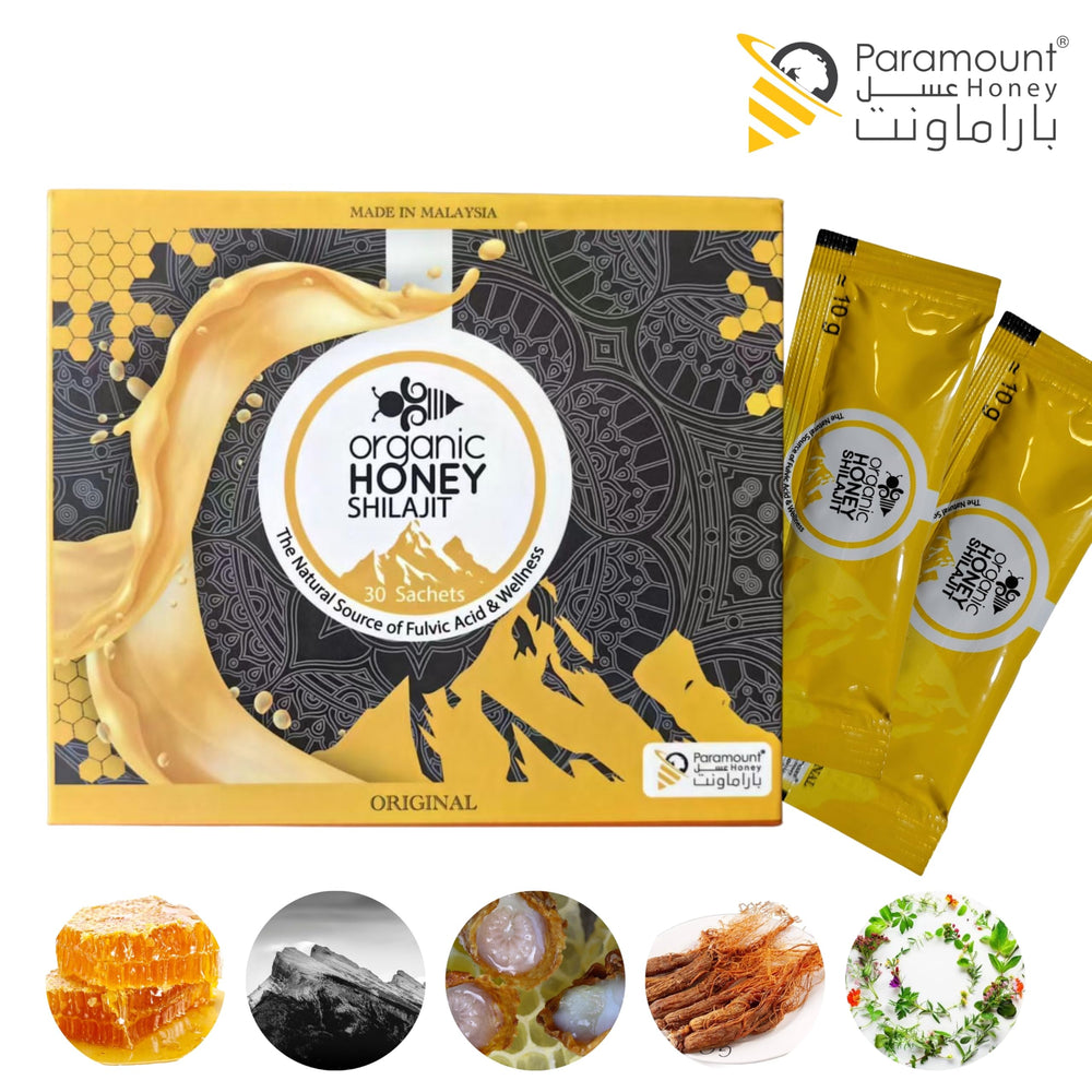 Paramount Honey packaging front highlights clean ingredients and 30-sachet format.