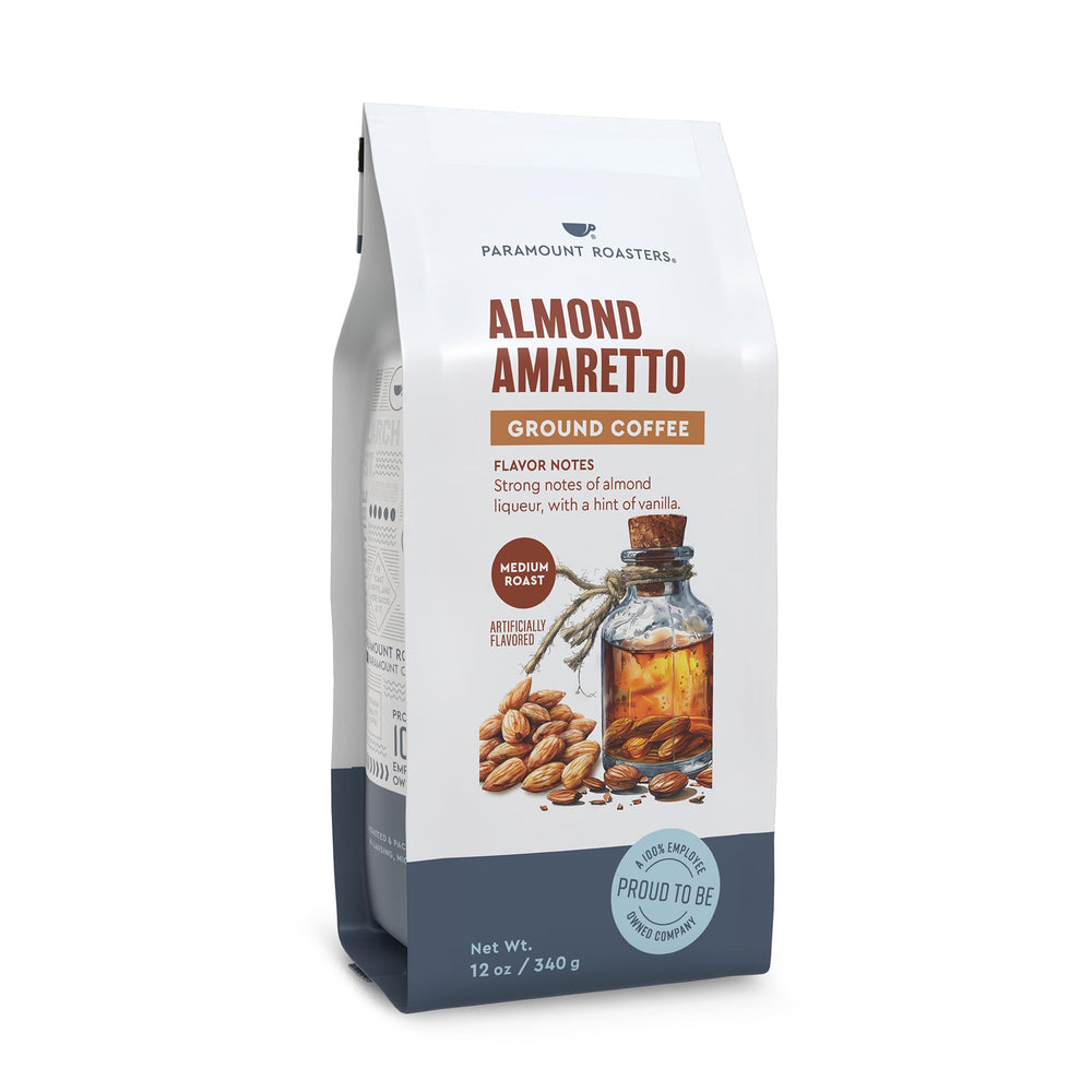 Paramount Roasters Almond Amaretto Ground Coffee 12oz bag delivers inviting aroma and balanced flavor.