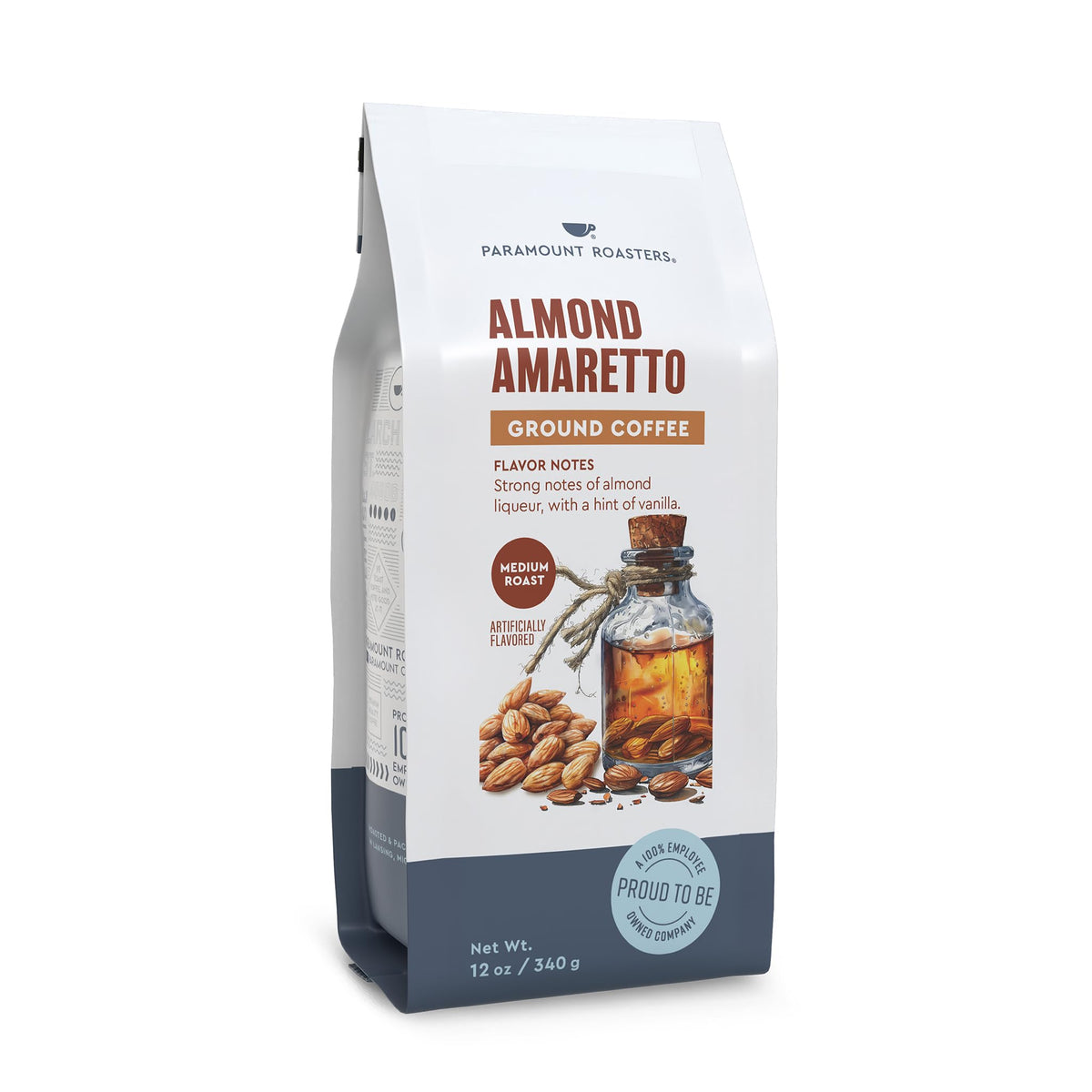 Paramount Roasters Almond Amaretto Ground Coffee 12oz bag delivers inviting aroma and balanced flavor.