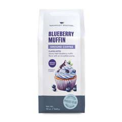 Paramount Roasters Blueberry Muffin Coffee 12oz bag shows convenient ground coffee.
