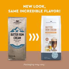 Paramount Roasters Butter Rum Cream coffee being poured into a cup