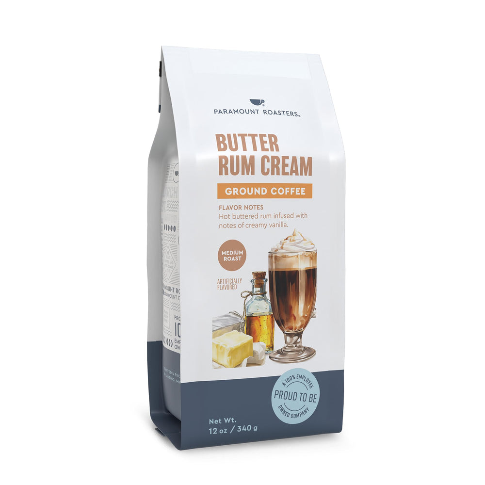 Paramount Roasters Butter Rum Cream label emphasizes gluten-free and sugar-free features