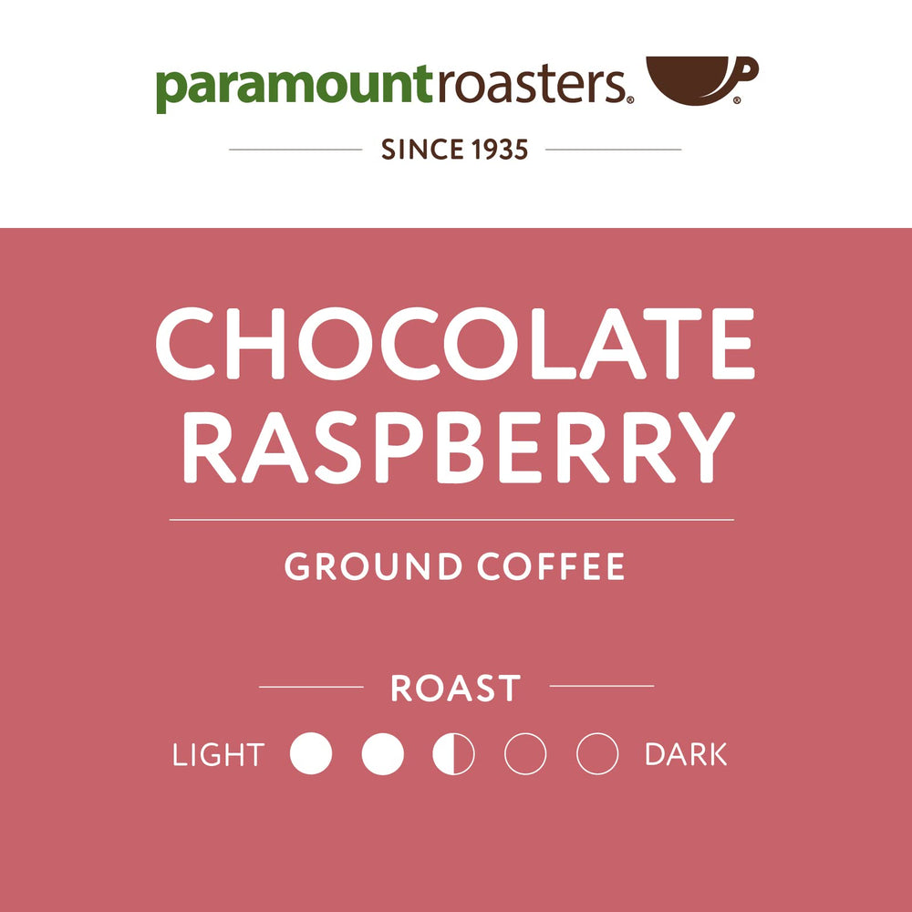 Freshness-sealed Paramount Roasters Chocolate Raspberry coffee bag.