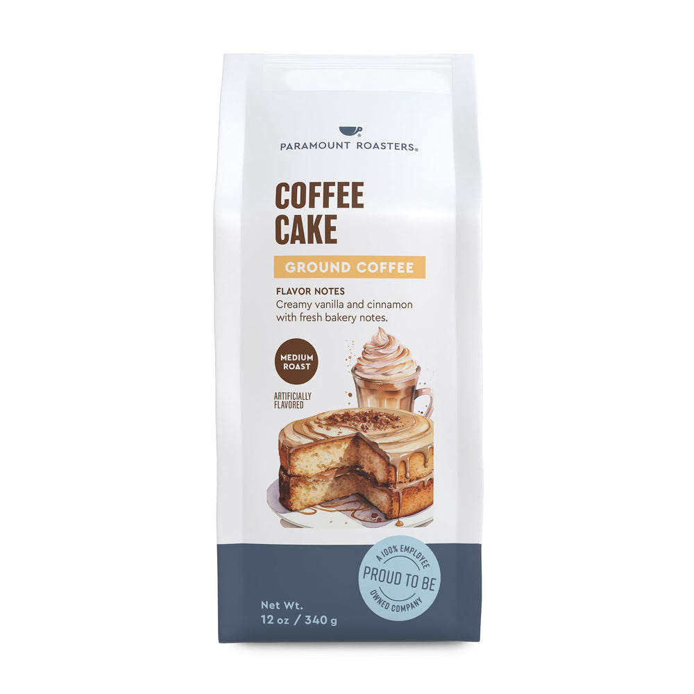 Paramount Roasters Coffee Cake Flavored Ground Coffee 12oz bag with inviting aroma.