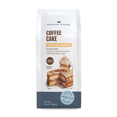 Paramount Roasters Coffee Cake Flavored Ground Coffee 12oz bag with inviting aroma.